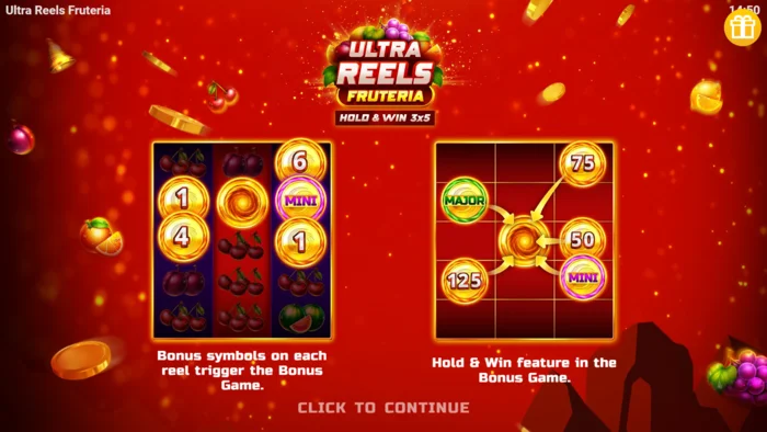 Ultra Reels Fruteria – начално меню и бутон за стартиране